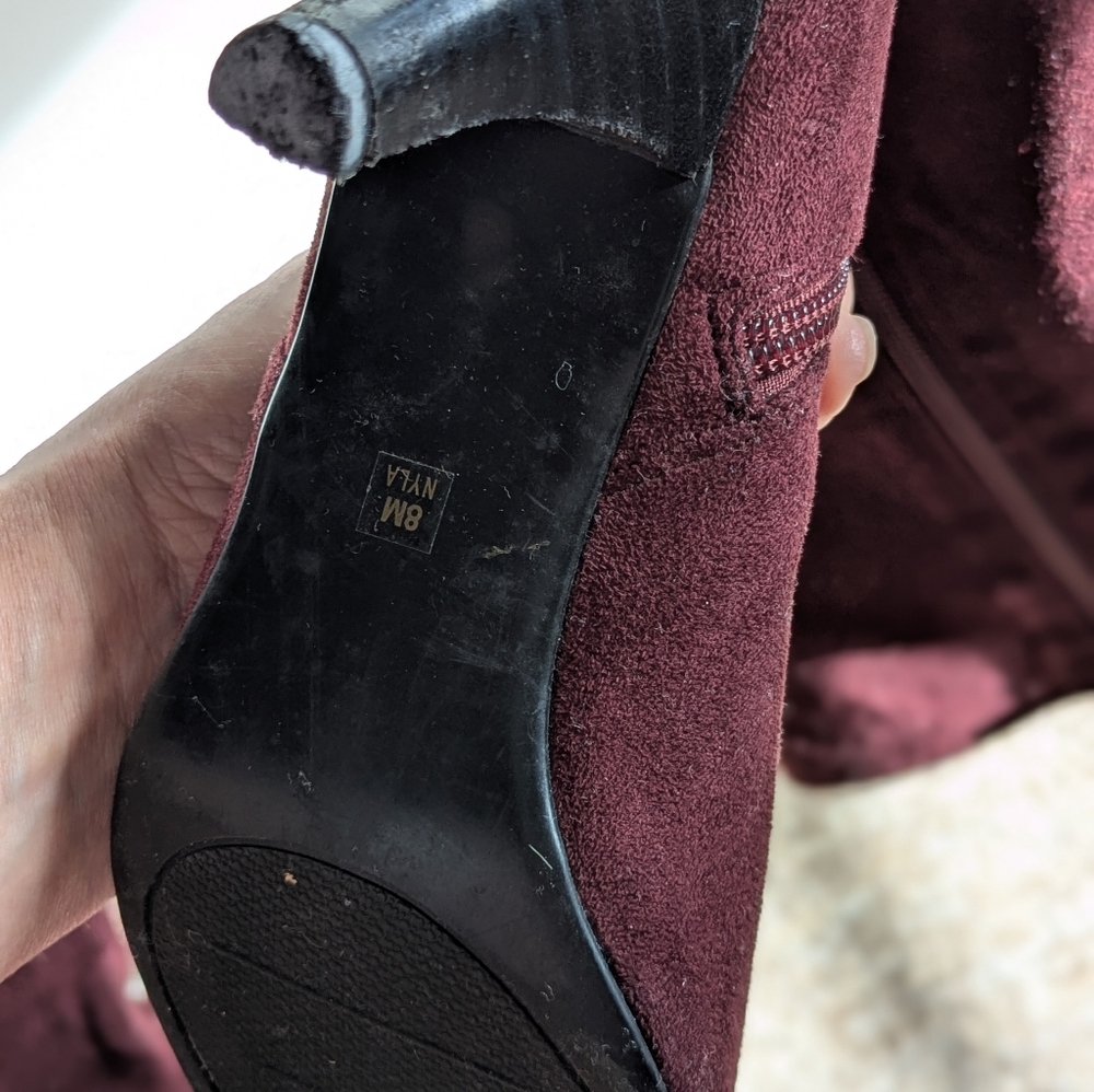 Burgundy Wine Boots 8 M Faux Suede knee high pointy toe ruching stretch heeled - Picture 10 of 11